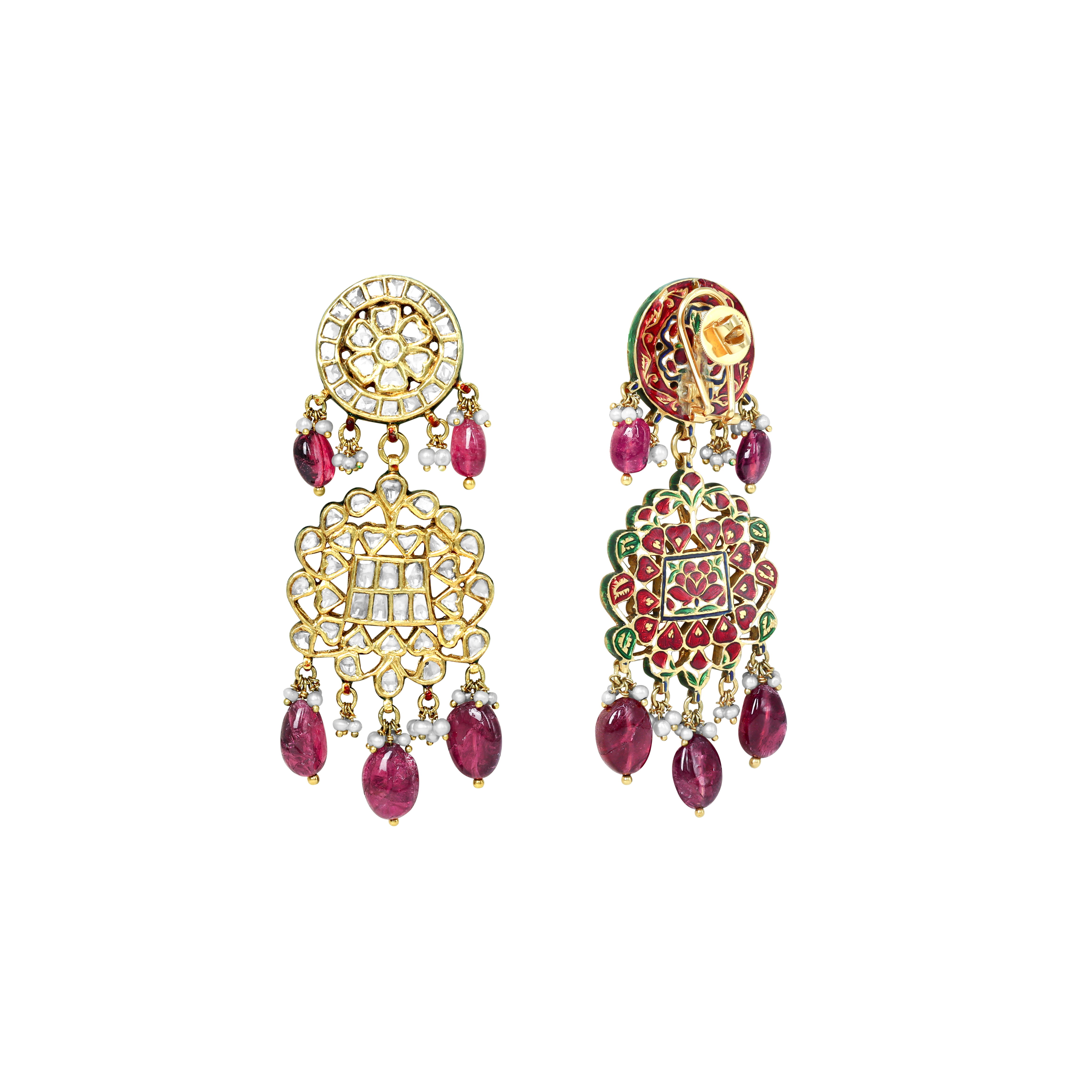 Polki Earrings with Tourmaline Drops and Pearls